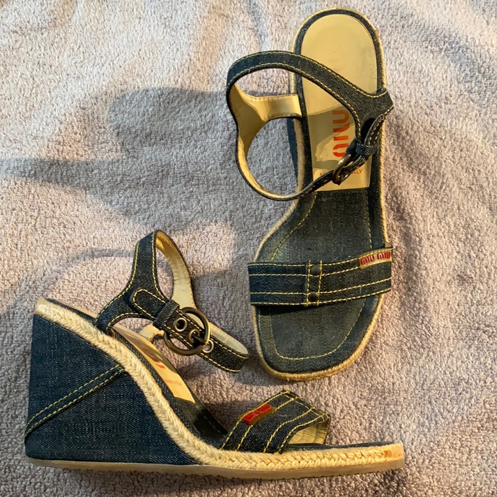 Authentic Miu Miu denim wedge sandals 7.5